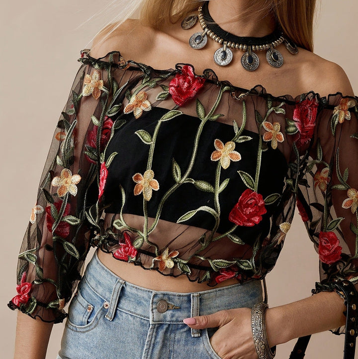 Floral Embroidered Off Shoulder Mesh Crop Top