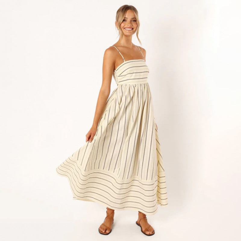 Striped Backless Spaghetti Strap Flowing Maxi Dress