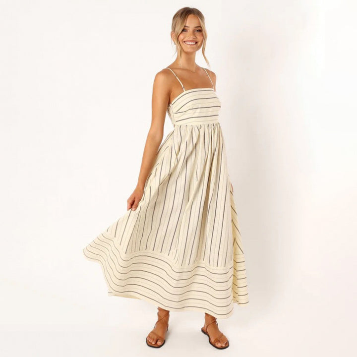 Striped Backless Spaghetti Strap Flowing Maxi Dress