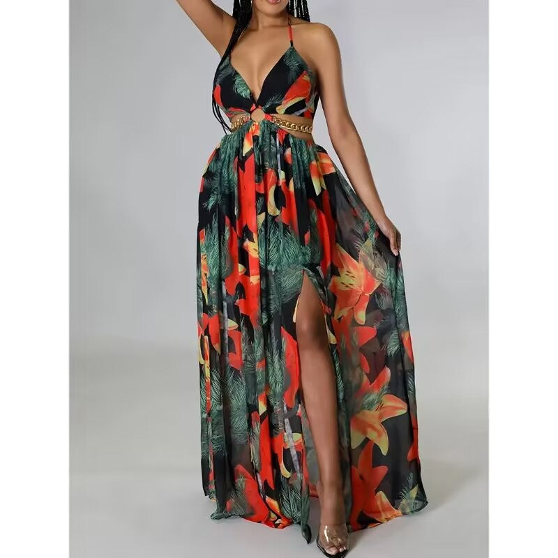 Open-back printed camisole dress with side slit