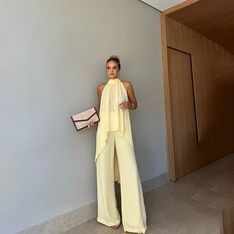 Asymmetrical solid-color sleeveless set