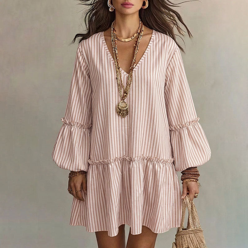 V-neck striped ruffle lantern sleeve dress