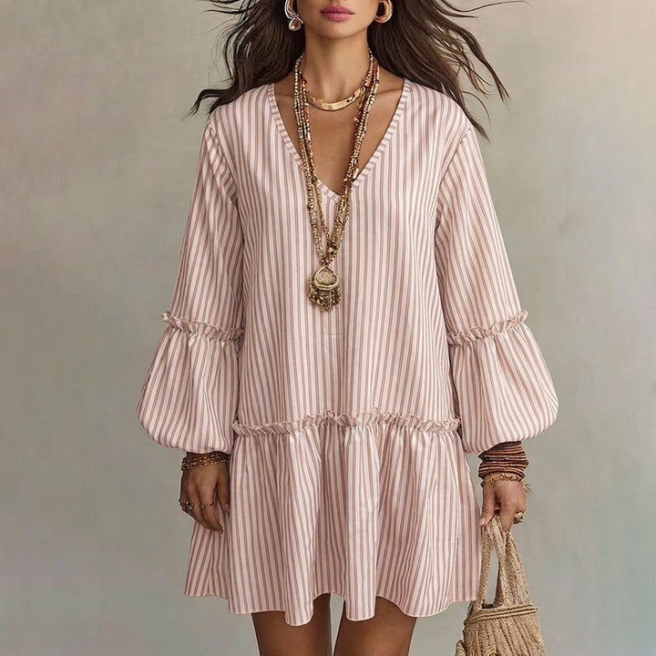 V-neck striped ruffle lantern sleeve dress
