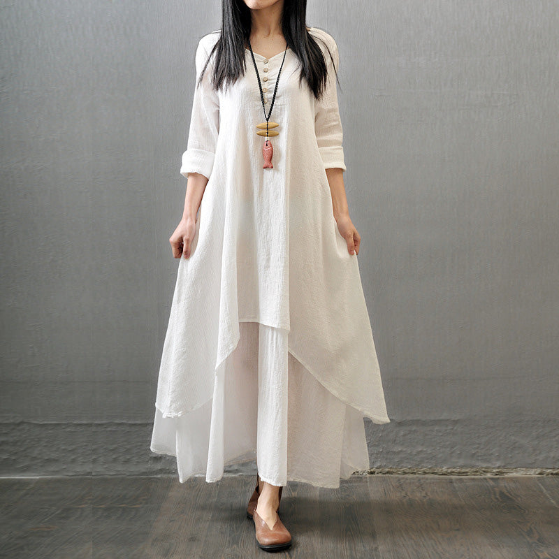 Faux-layered long-sleeved linen maxi dress