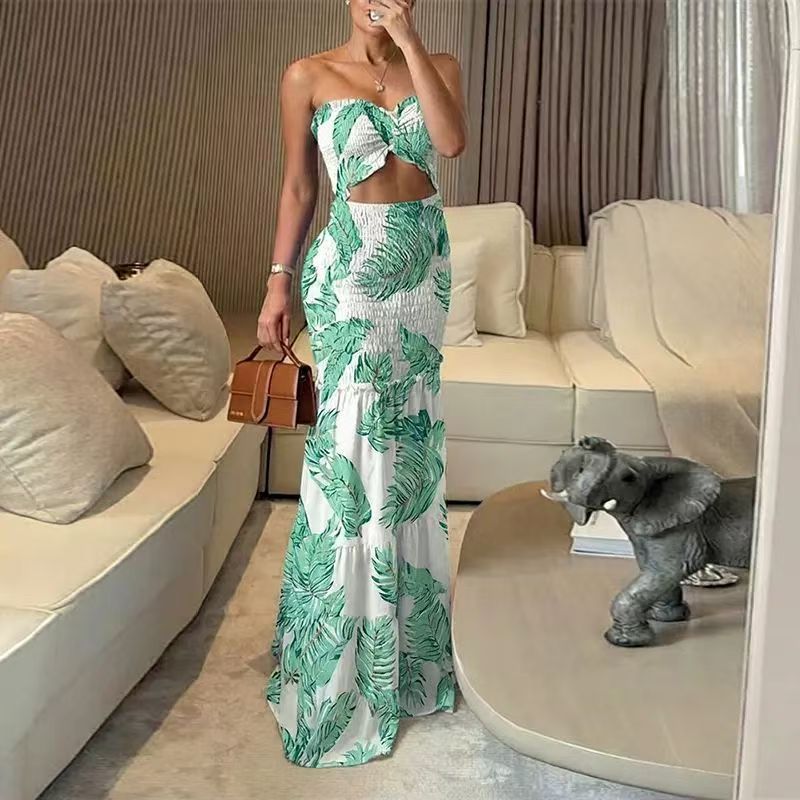 Strapless multi-colored printed pleated maxi dress