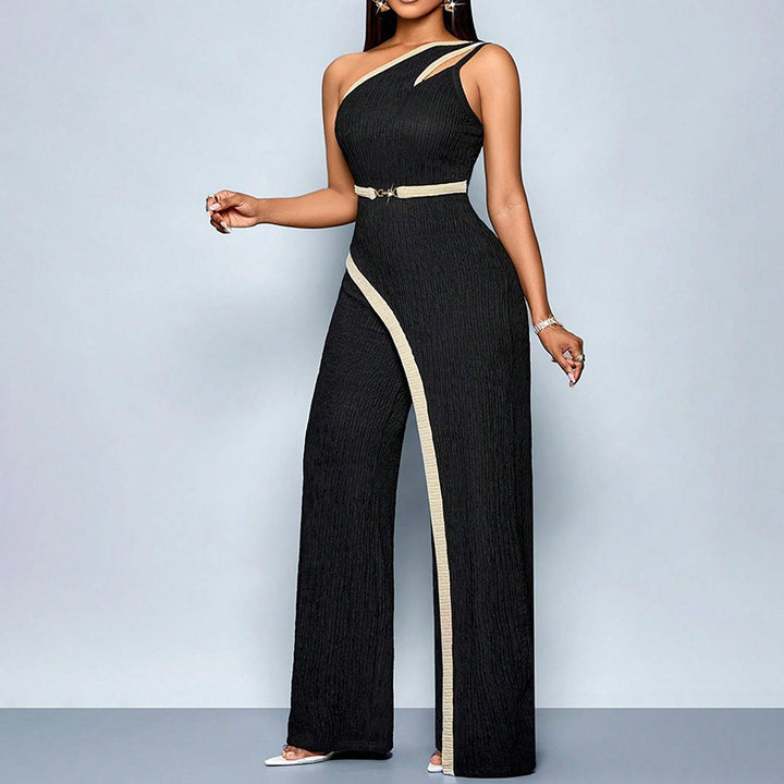 Color Block One Shoulder Cutout Sleeveless Jumpsuit