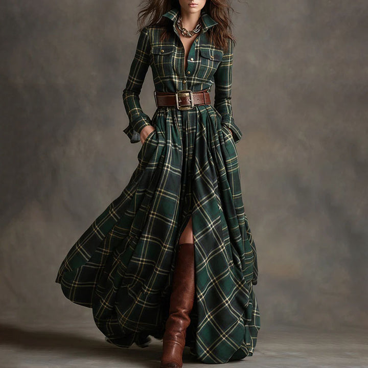 Vintage-style plaid long-sleeve dress