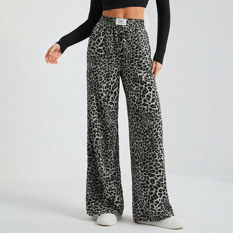 High-waisted printed wide-leg casual trousers