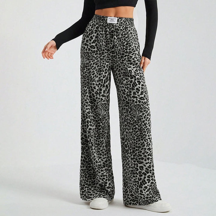 High-waisted printed wide-leg casual trousers