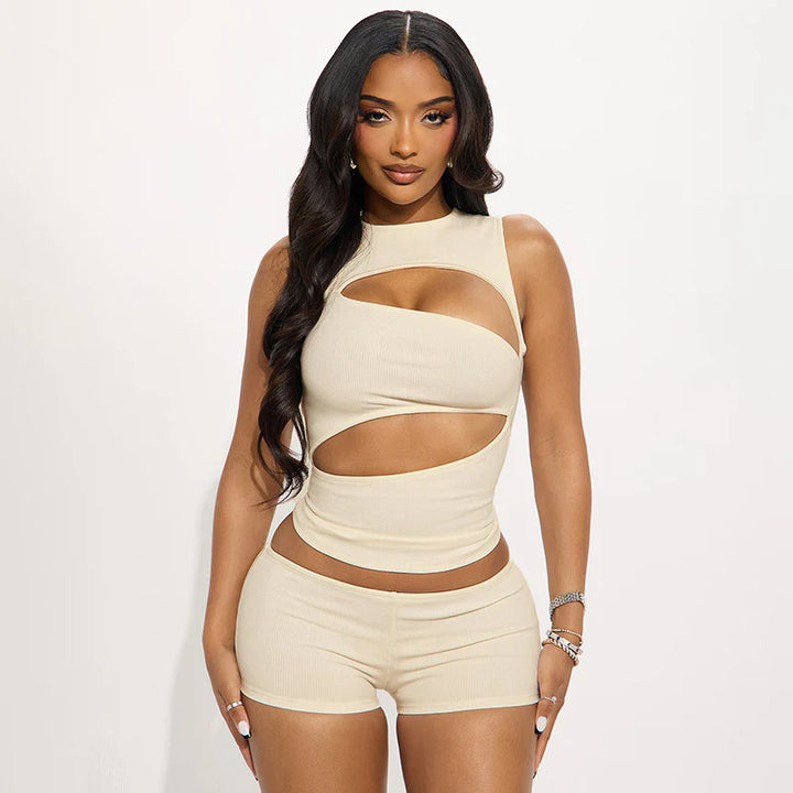 Form-fitting cut-out sleeveless top and shorts set