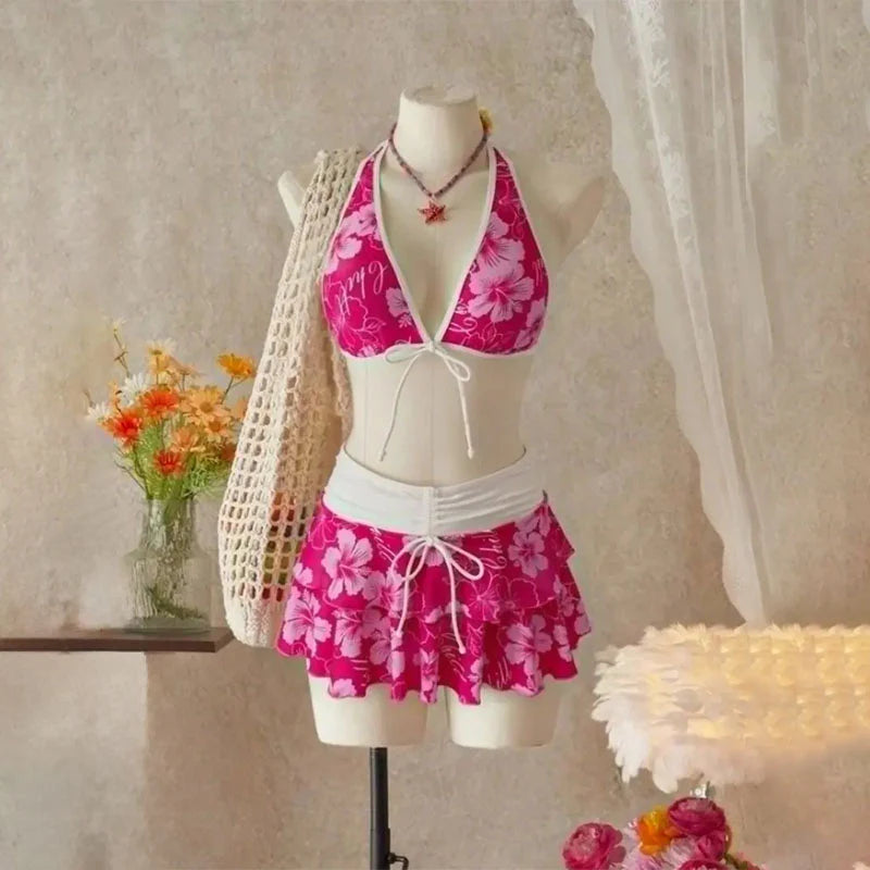 Tropical Print Halter Bikini with Swim Skirt 3-Piece Set
