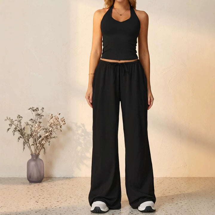 Halter-neck sleeveless cropped top and drawstring wide-leg pants set