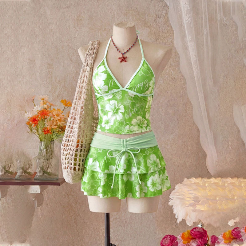 Tropical Print Halter Bikini with Swim Skirt 3-Piece Set
