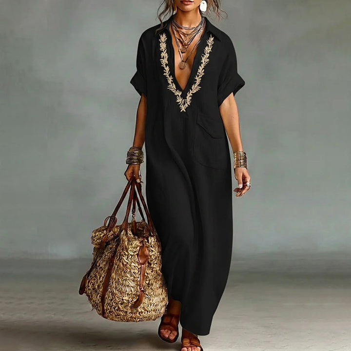 Collared short-sleeved V-neck loose dress
