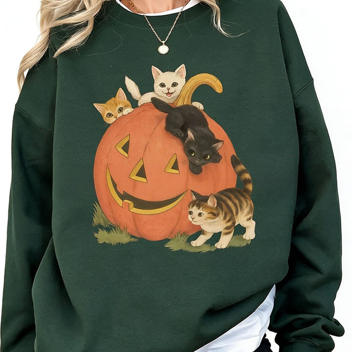 Vintage Halloween Cat Print Crewneck Sweatshirt