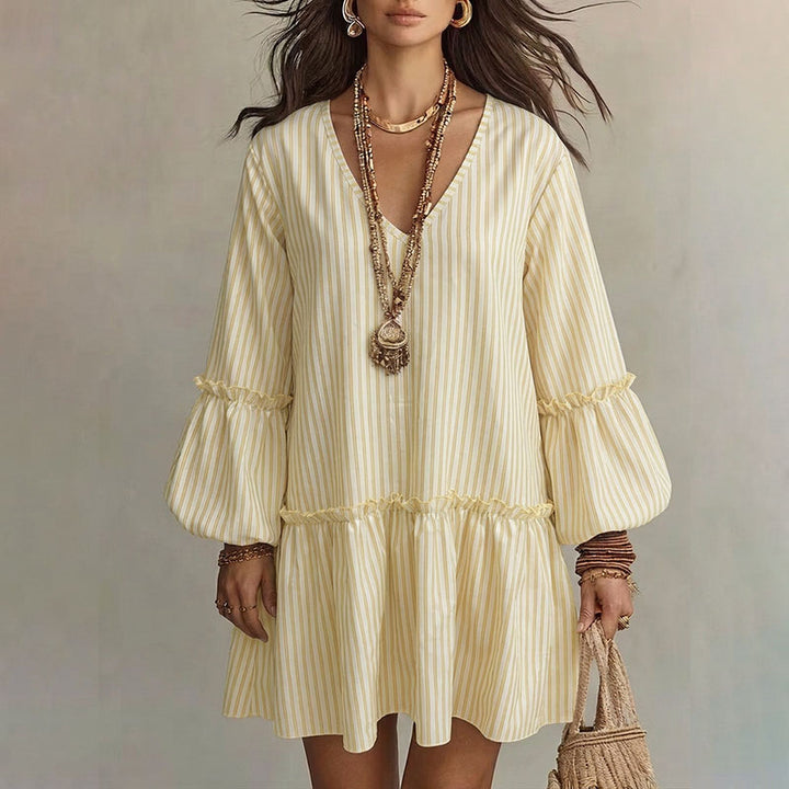 V-neck striped ruffle lantern sleeve dress