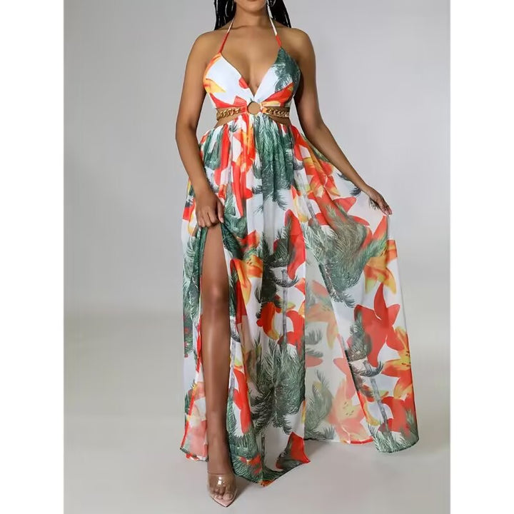 Open-back printed camisole dress with side slit