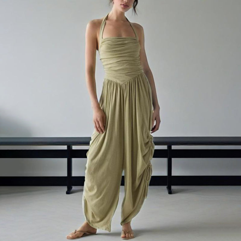 Summer New Ruched Waist Tie-Back Halter Neck Wide Leg Jumpsuit