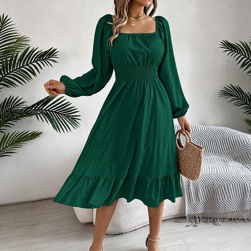 Square neck puff sleeve pleated dress