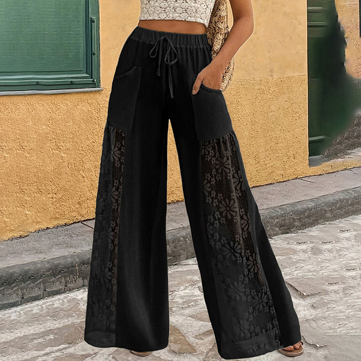 Floral lace patchwork elastic waist wide-leg pants