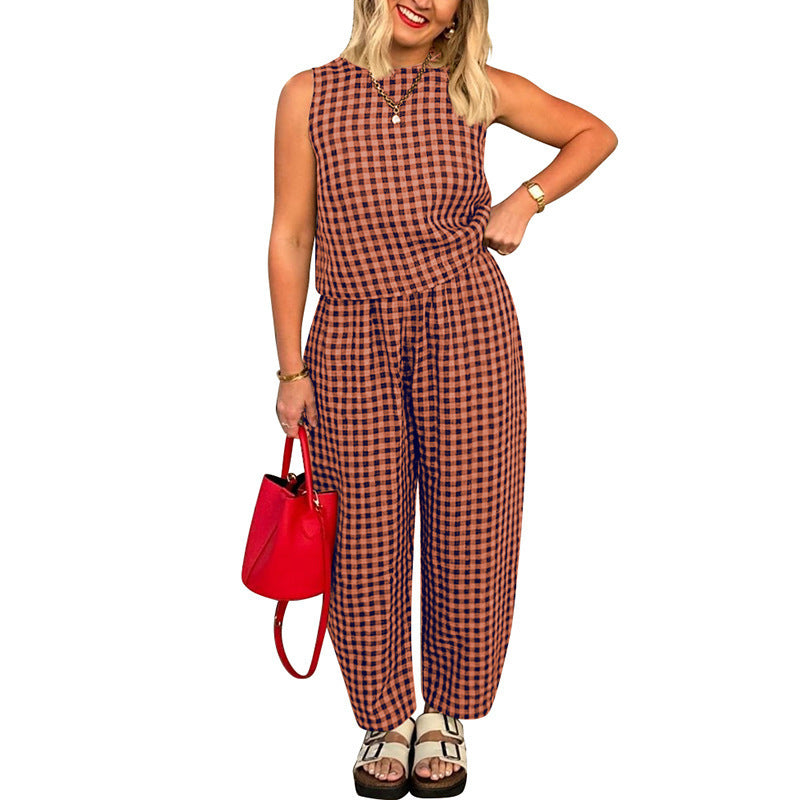 Plaid Sleeveless Top and Trousers Set