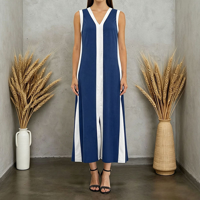 V-neck striped sleeveless slit dress