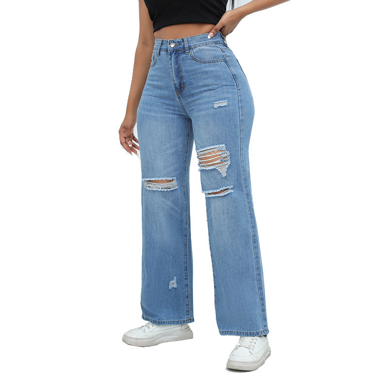 Ripped Stretch Baggy Jeans - Medium Wash