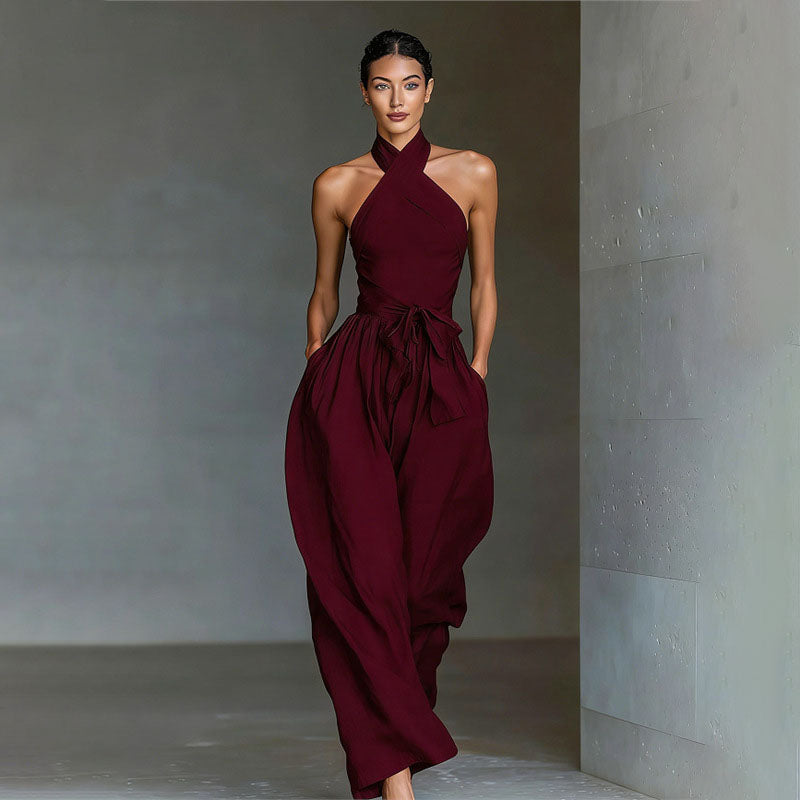 Front crossover halter wide-leg jumpsuit