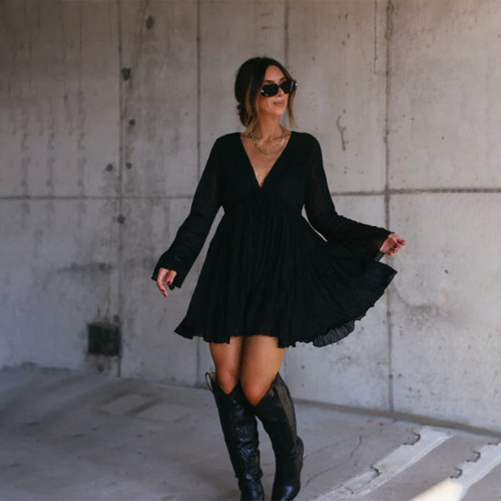 V-neck flared sleeve pleated dress