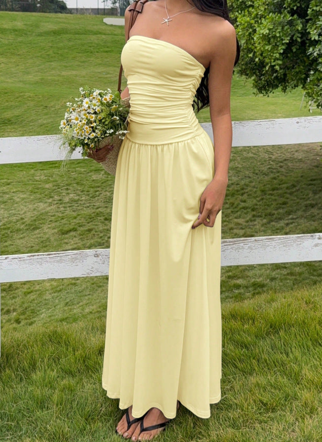 Solid-color strapless ruched dress