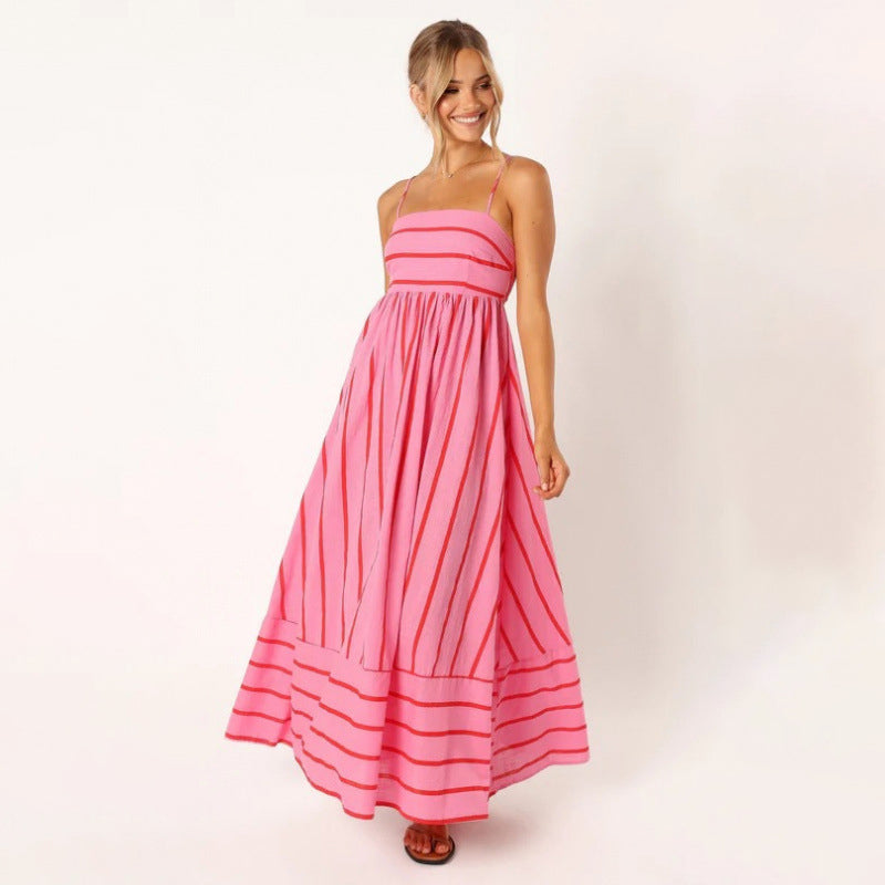 Striped Backless Spaghetti Strap Flowing Maxi Dress