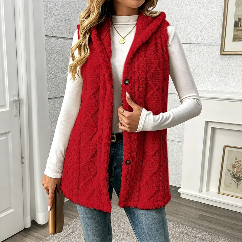 Hooded plush sleeveless jacket