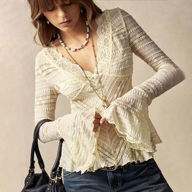 V-neck lace flared long-sleeved ruffle top