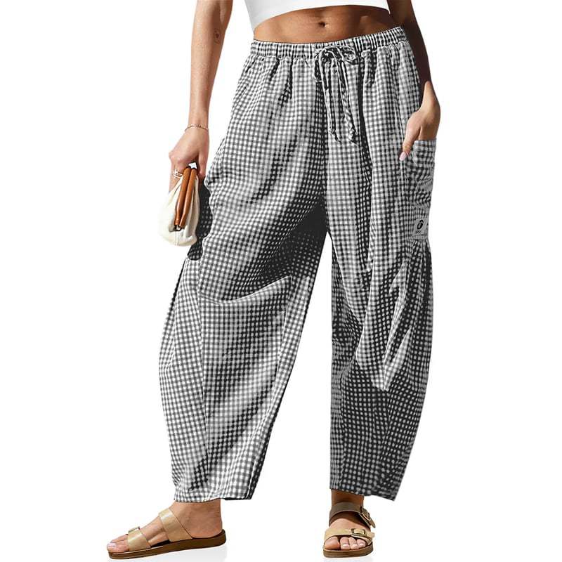Linen Plaid Wide Leg Casual Pants
