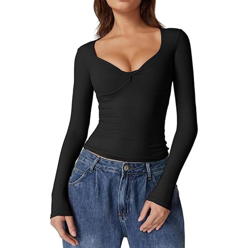 Sweetheart-neck ruched long-sleeve fitted top