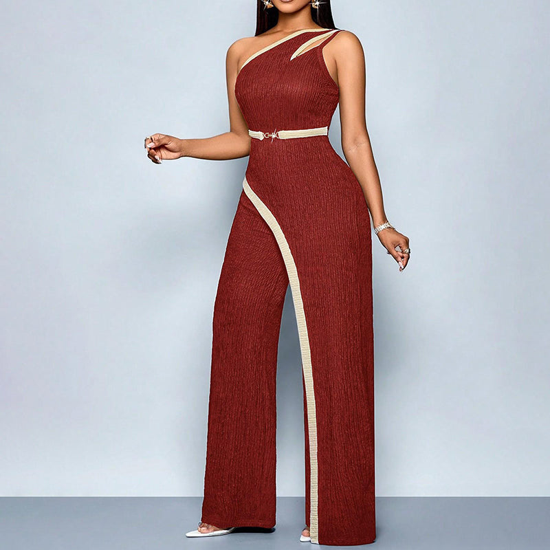 Color Block One Shoulder Cutout Sleeveless Jumpsuit