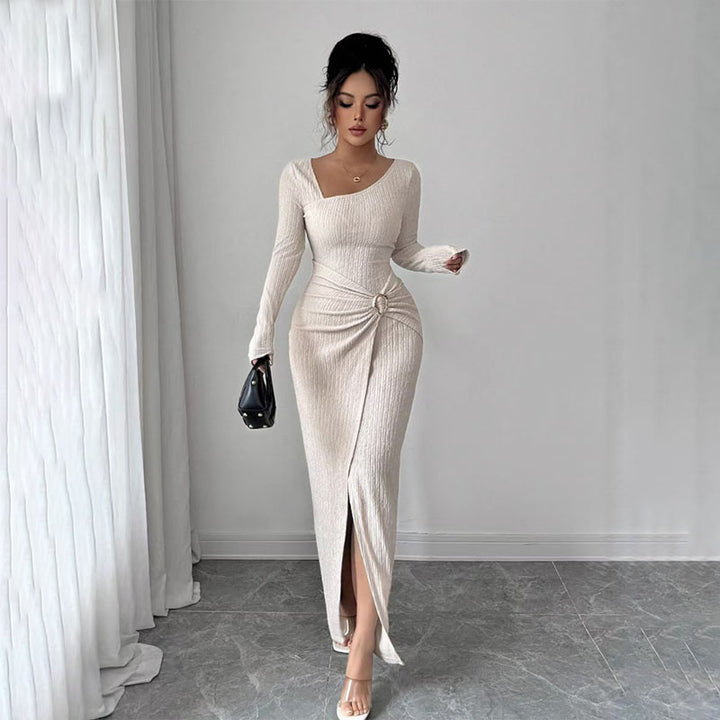 Asymmetrical neckline fitted slit dress