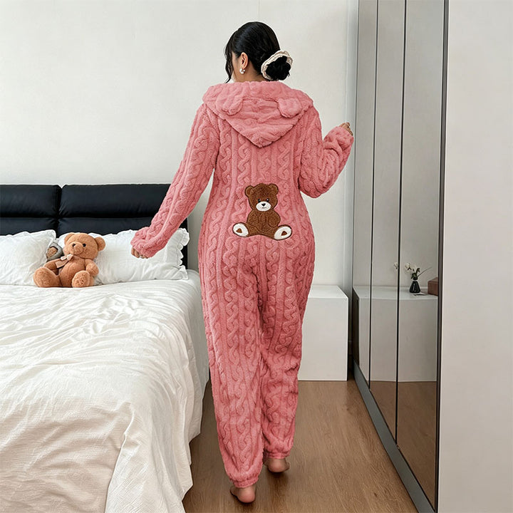 Bear Pattern Plush Hooded Onesie Pajamas