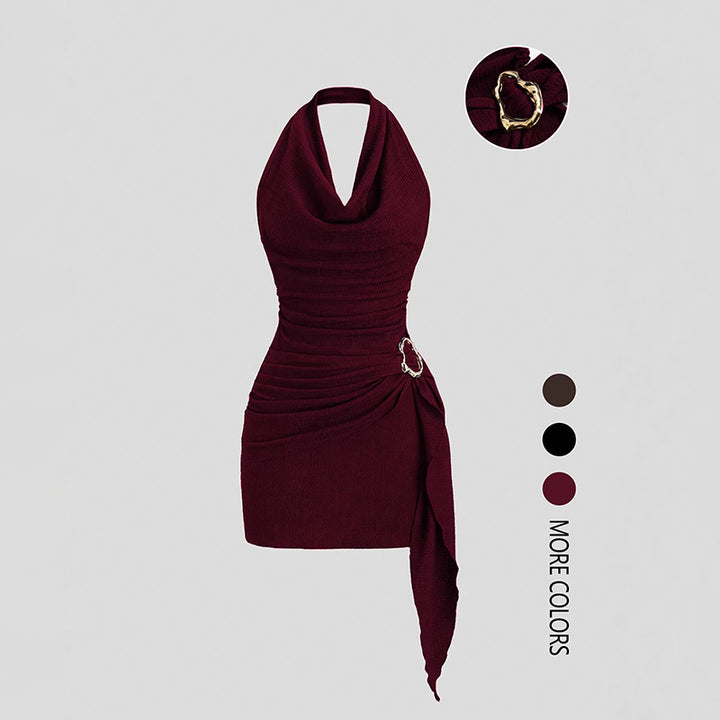 Elegant Solid Color V-Neck Halter Backless Mini Dress