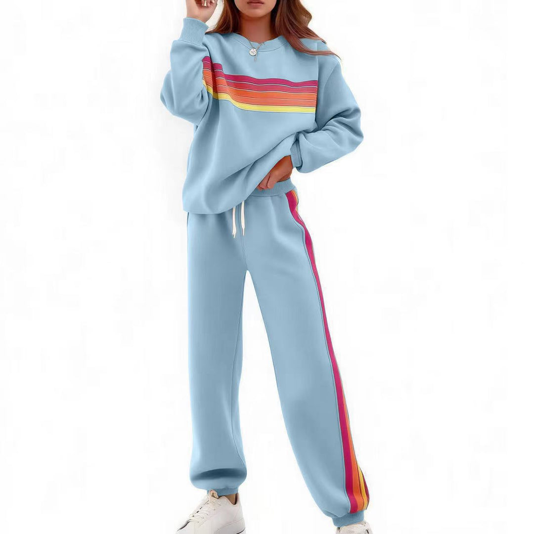 Crew Neck Color Stripe Sweatshirt Jogger Set