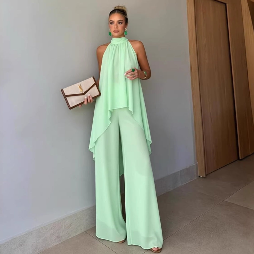 Asymmetrical solid-color sleeveless set