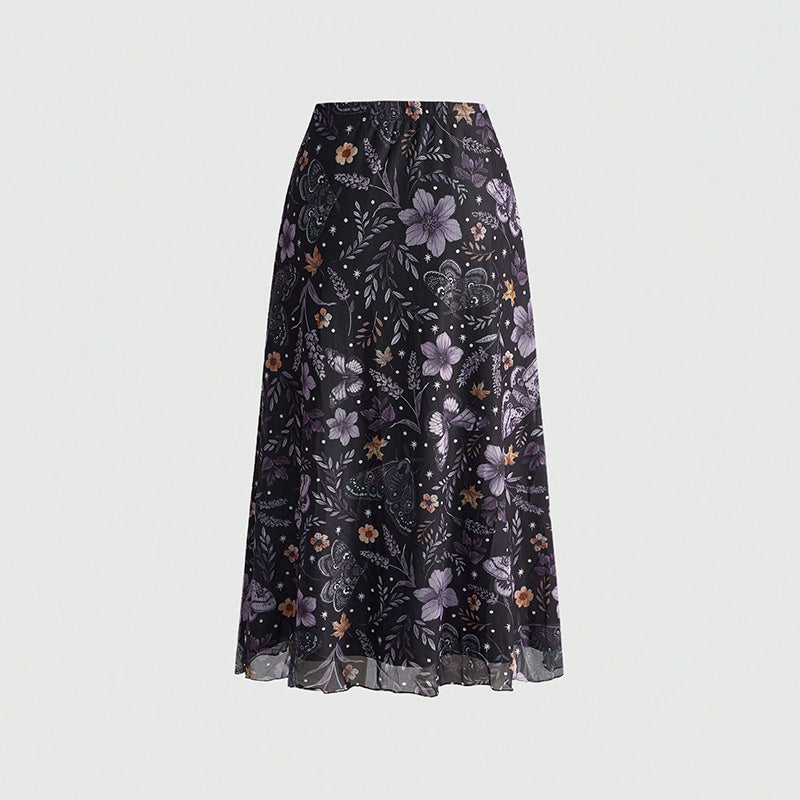 Floral Print Mesh High Waist A-Line Skirt