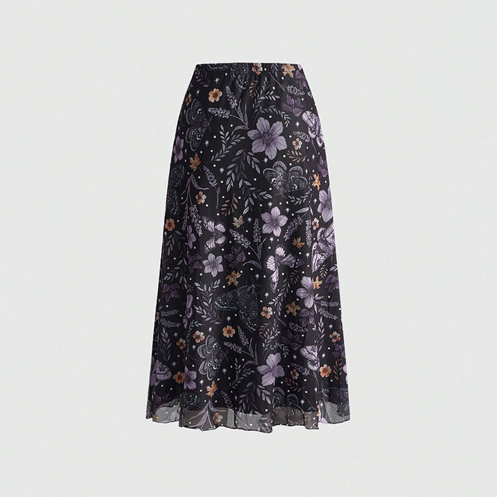 Floral Print Mesh High Waist A-Line Skirt