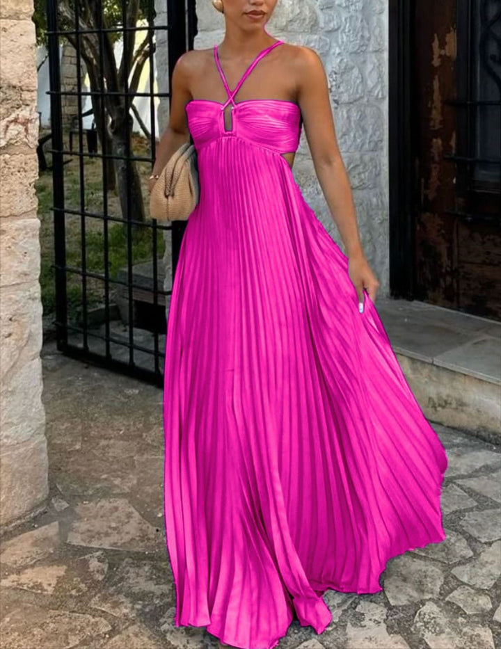 Ladies Back Tie Halter Pleated Beach Sundress
