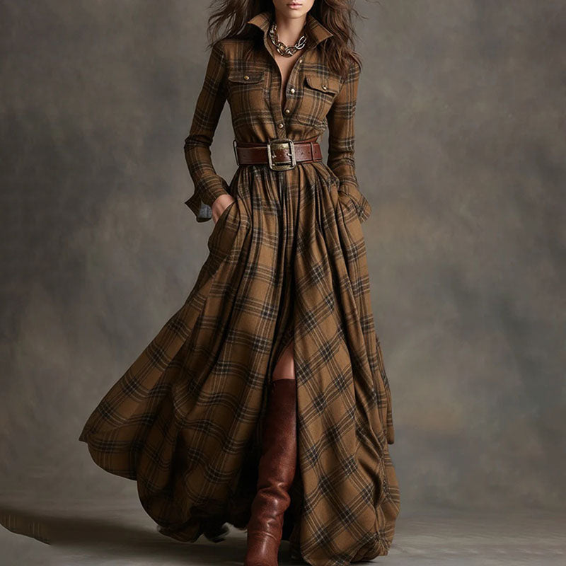 Vintage-style plaid long-sleeve dress