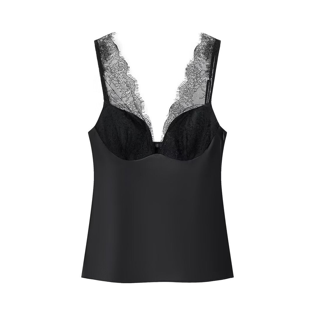 Lace and satin-finish camisole top