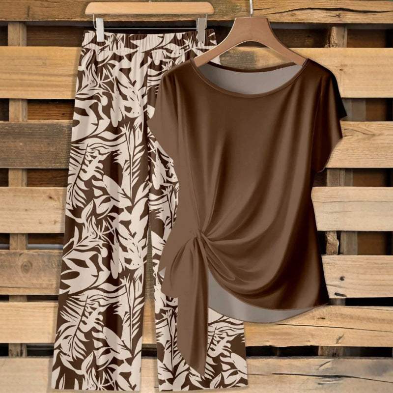 Round Neck Tie Front Two Piece Outfit
