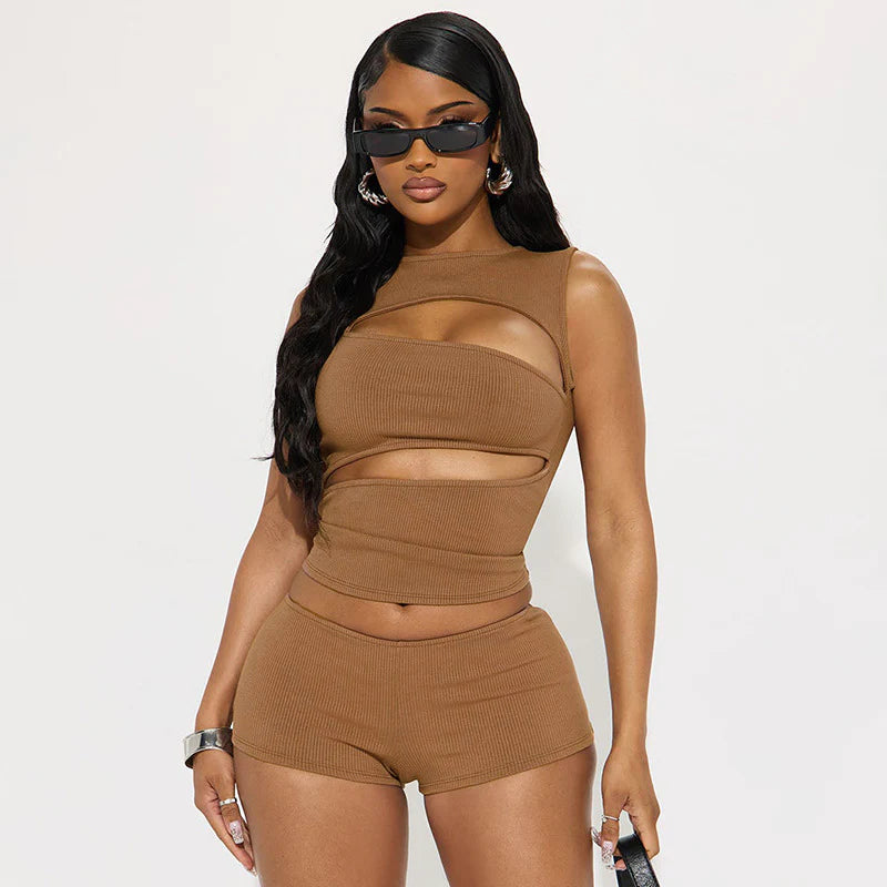 Form-fitting cut-out sleeveless top and shorts set