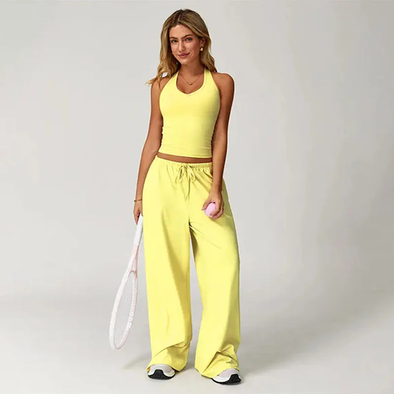 Halter-neck sleeveless cropped top and drawstring wide-leg pants set
