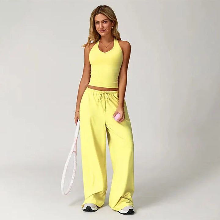 Halter-neck sleeveless cropped top and drawstring wide-leg pants set